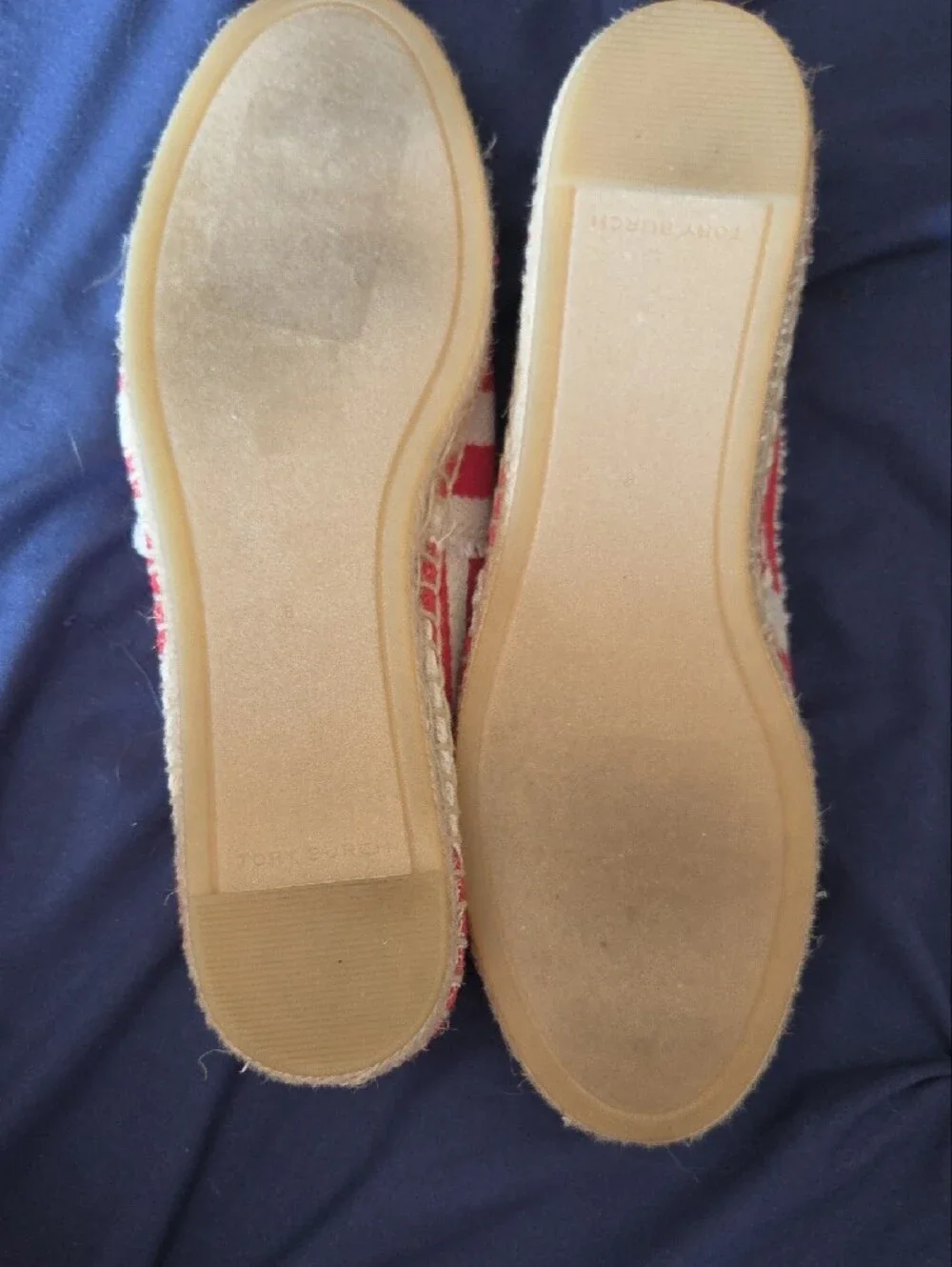 Tory Burch Red & Cream Woven Logo Espadrille Flats